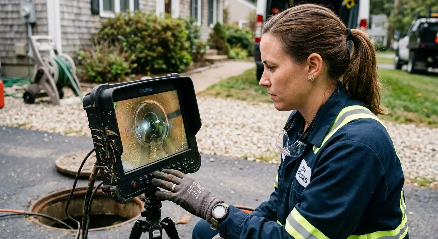 Technician reviewing sewer camera inspection footage in Cleveland Heights