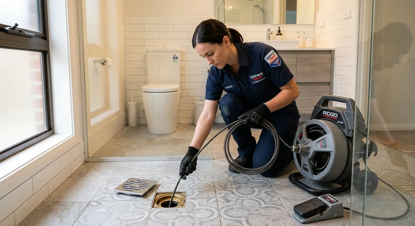 Technician clearing a bathroom floor drain for Sewer Line Replacement in Cleveland Heights
